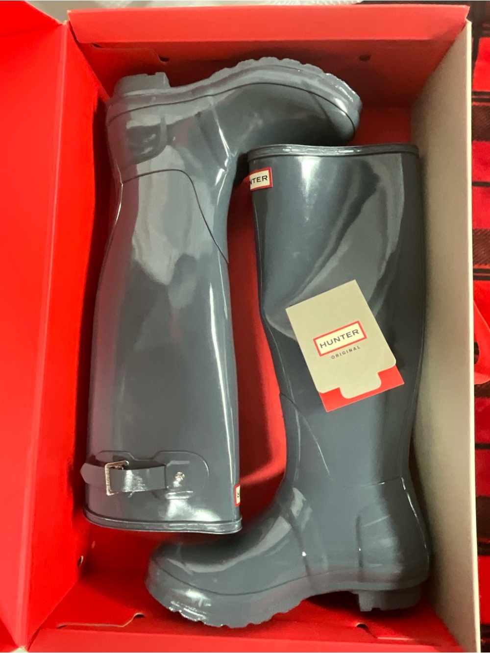 EUC Hunter Tall High Gloss grey boots w/box
